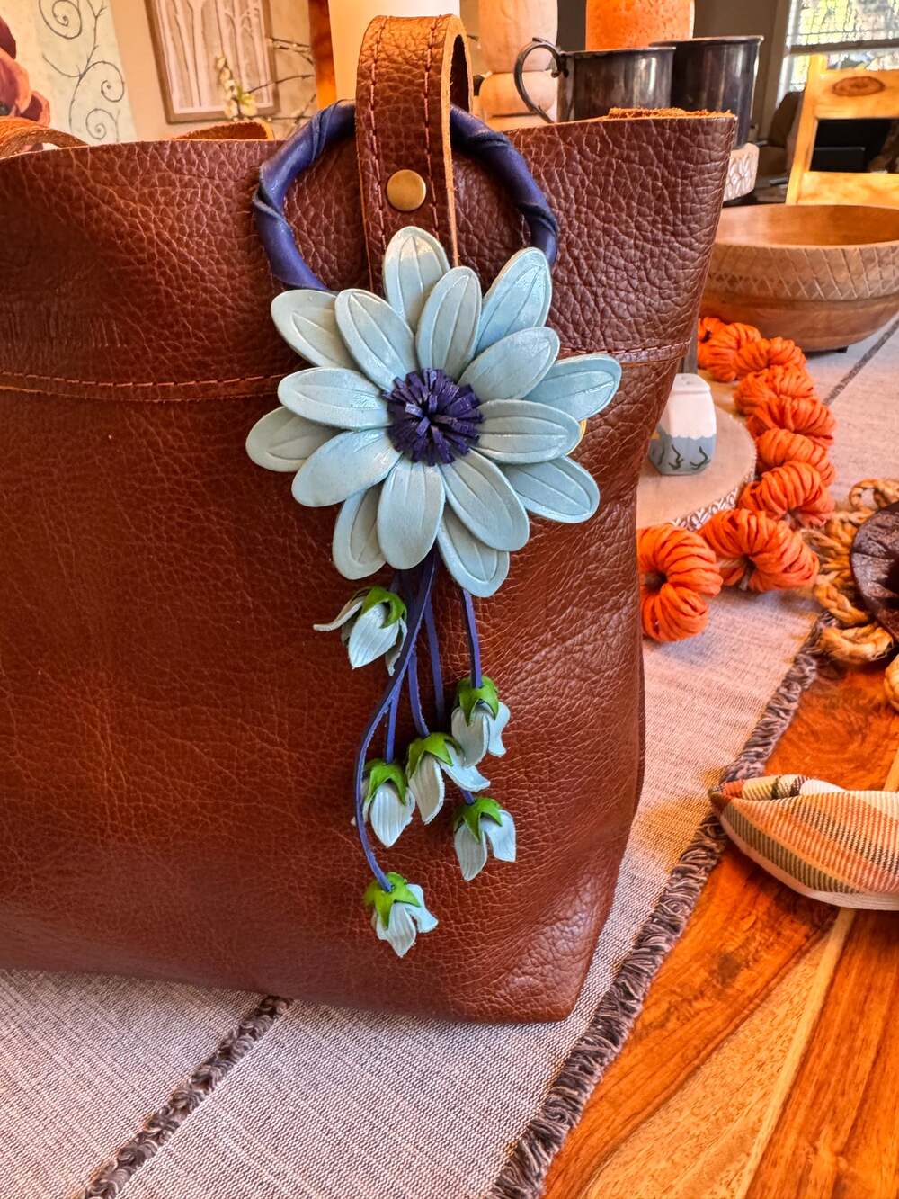 Light Blue Sunflower Purse Charm Flower Bag Charm Genuine Leather Accessories